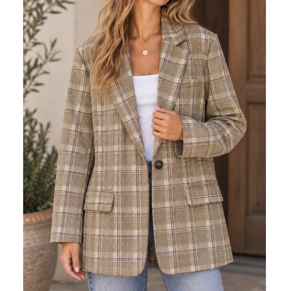 Zara Oversized Plaid Blazer Brown Check Boyfriend Academia Preppy size small